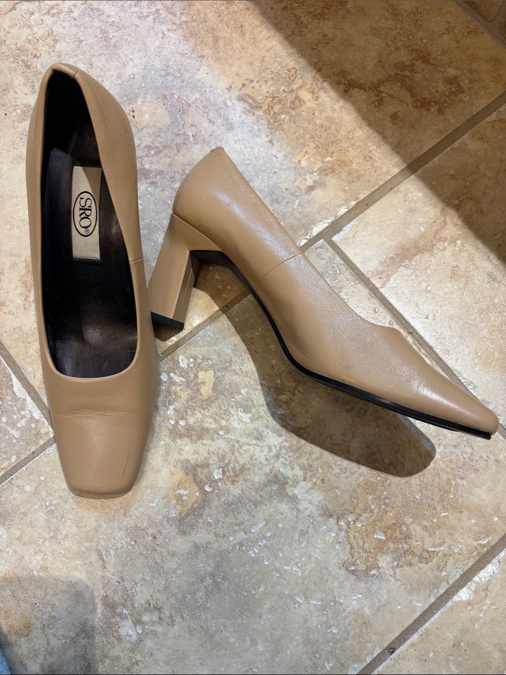 SAS Taupe Square-Toe Block Heel Pumps
